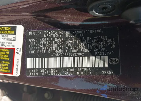 2011 Toyota Avalon Limited z USA, uszkodzony, nr VIN 4T1BK3DB7BU427862